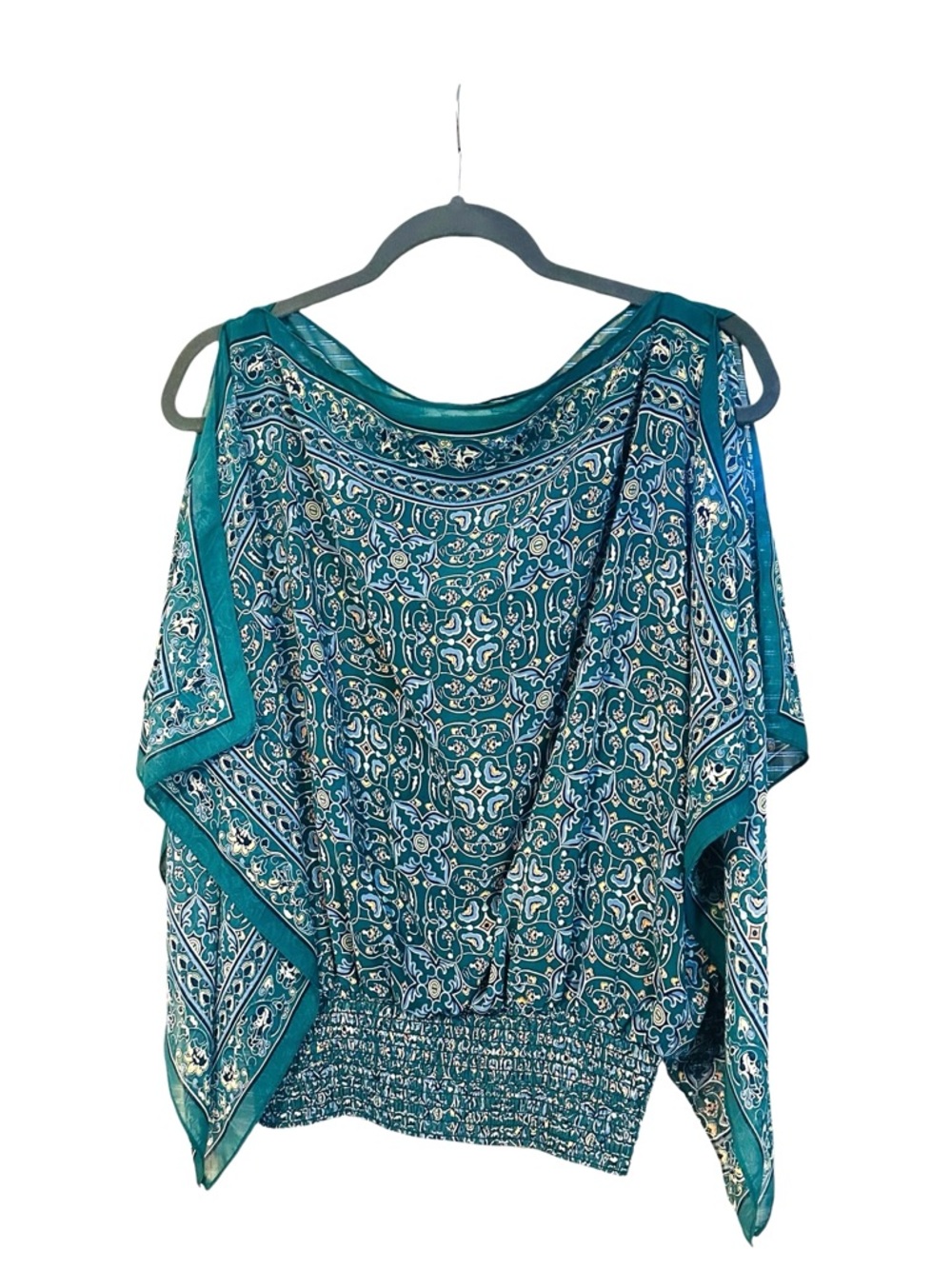 Max Studio Teal Floral Boho Blouse with Smocked Waist